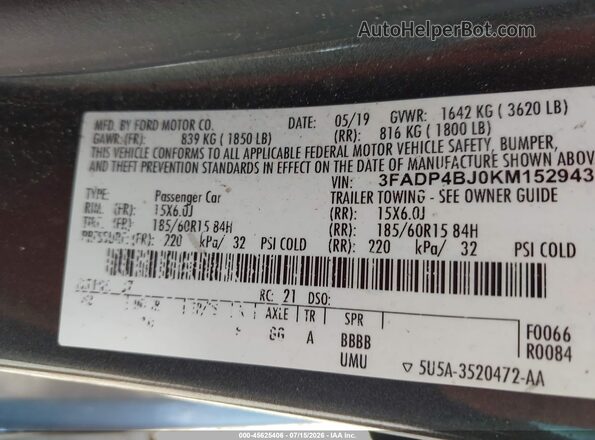 3FADP4BJ0KM152943 2019 FORD FIESTA Gray Շարժիչի բաժամունքի տեսք