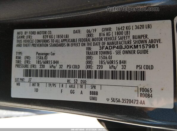 3FADP4BJ0KM157981 2019 FORD FIESTA Gray Engine compartment view