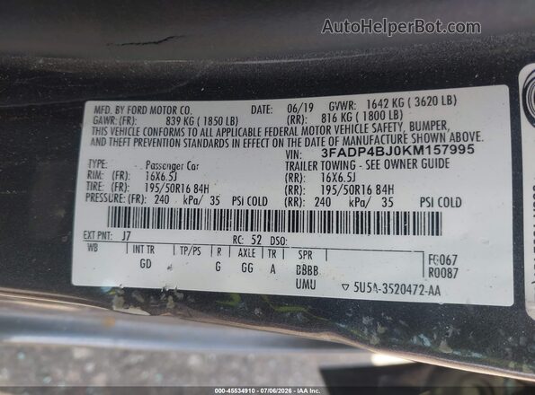 3FADP4BJ0KM157995 2019 FORD FIESTA Серый Вид подкапотного пространства
