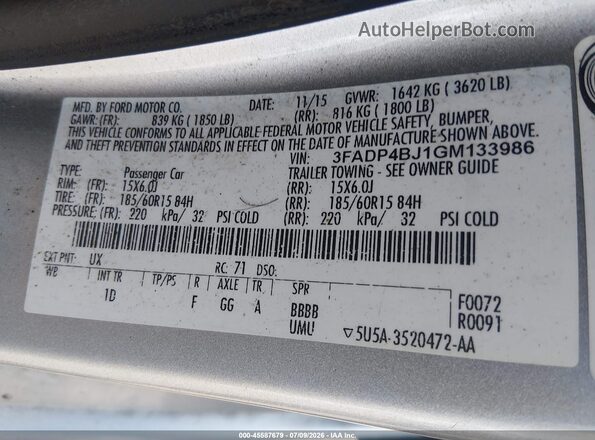 3FADP4BJ1GM133986 2016 FORD FIESTA Silver Vista del compartimento del motor
