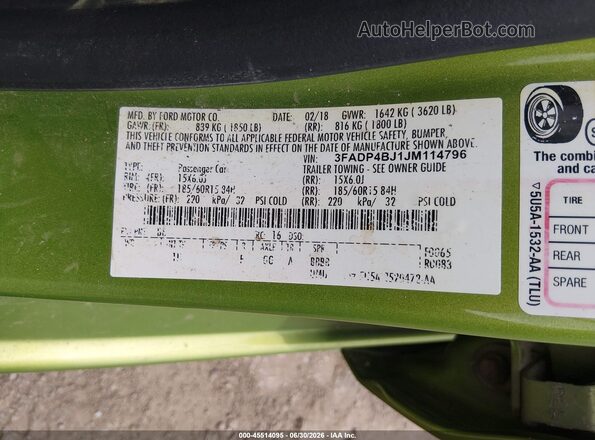 3FADP4BJ1JM114796 2018 FORD FIESTA Green Вид підкапотного простору