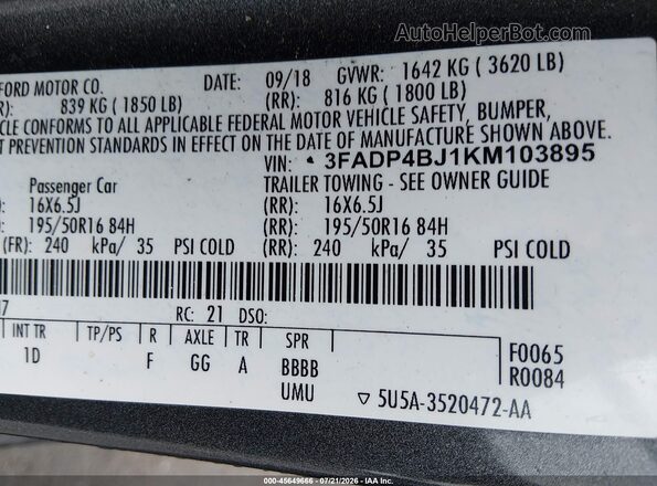 3FADP4BJ1KM103895 2019 FORD FIESTA Gray Вид підкапотного простору