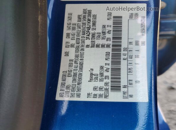 3FADP4BJ1KM139585 2019 FORD FIESTA Blue Vista del compartimento del motor