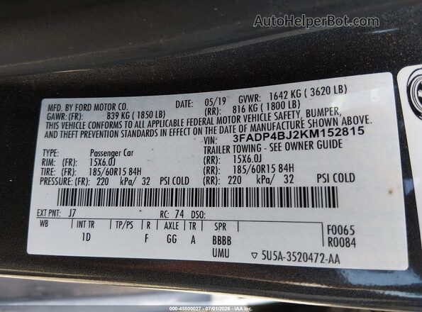 3FADP4BJ2KM152815 2019 FORD FIESTA Black Widok komory silnika
