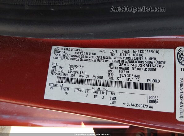 3FADP4BJ2KM163703 2019 FORD FIESTA Red ძრავის განყოფილების ხედი