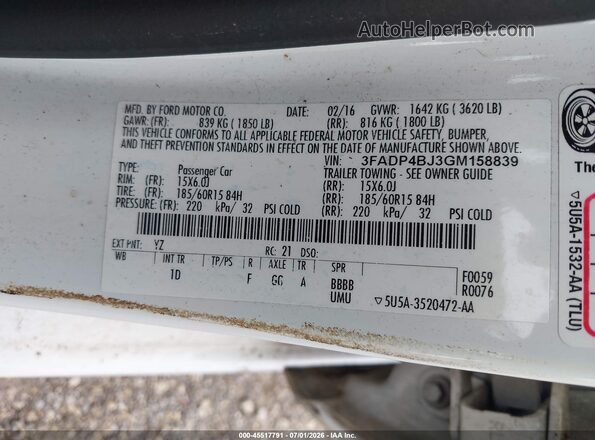 3FADP4BJ3GM158839 2016 FORD FIESTA White Engine compartment view