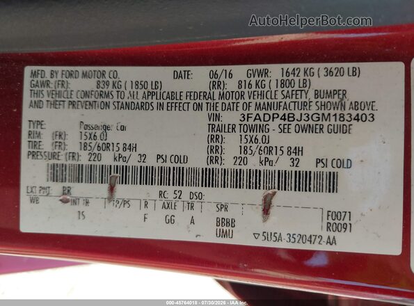 3FADP4BJ3GM183403 2016 FORD FIESTA Красный Вид подкапотного пространства