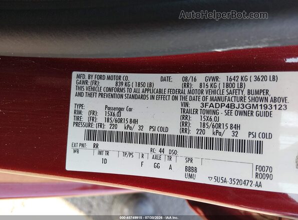 3FADP4BJ3GM193123 2016 FORD FIESTA Red Շարժիչի բաժամունքի տեսք