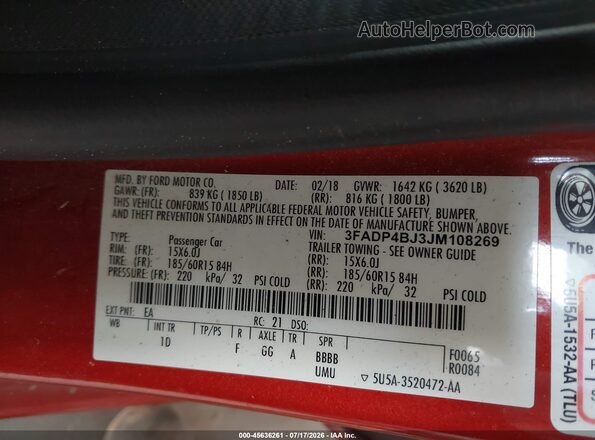 3FADP4BJ3JM108269 2018 FORD FIESTA Orange Widok komory silnika