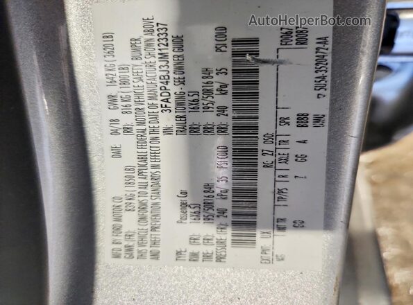 3FADP4BJ3JM123337 2018 FORD FIESTA Серебряный Вид наклейки с VIN-кодом