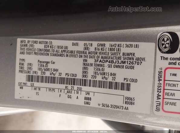 3FADP4BJ3JM126707 2018 FORD FIESTA Silver Vista del compartimento del motor