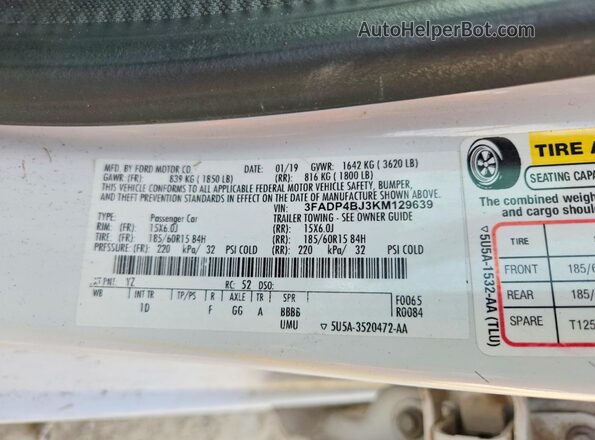 3FADP4BJ3KM129639 2019 FORD FIESTA White Вид підкапотного простору