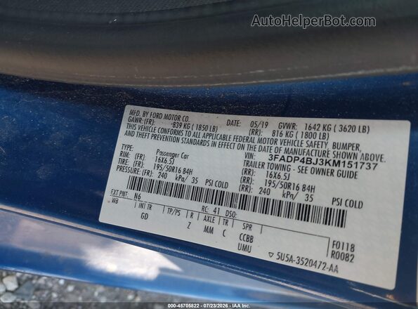 3FADP4BJ3KM151737 2019 FORD FIESTA Blue Вид підкапотного простору
