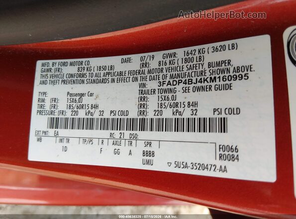 3FADP4BJ4KM160995 2019 FORD FIESTA Red Engine compartment view