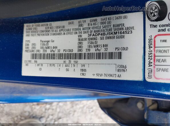 3FADP4BJ5KM164523 2019 FORD FIESTA Blue Vista del compartimento del motor