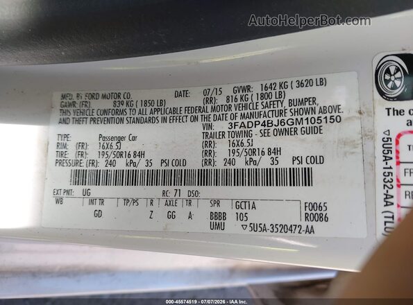 3FADP4BJ6GM105150 2016 FORD FIESTA White Vista del compartimento del motor