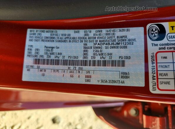 3FADP4BJ6JM112302 2018 FORD FIESTA Red Շարժիչի բաժամունքի տեսք