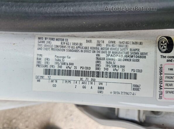 3FADP4BJ6KM106808 2019 FORD FIESTA White Widok komory silnika