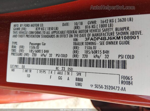 3FADP4BJ6KM108901 2019 FORD FIESTA Red Շարժիչի բաժամունքի տեսք