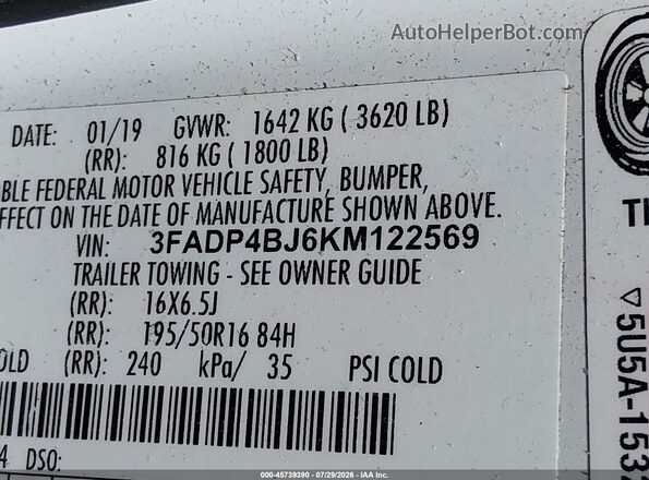 3FADP4BJ6KM122569 2019 FORD FIESTA White Widok komory silnika