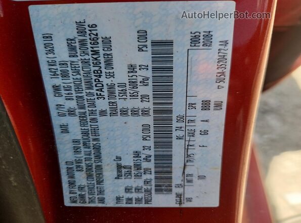 3FADP4BJ6KM166216 2019 FORD FIESTA Red სალონის 360-გრადუსიანი ხედი
