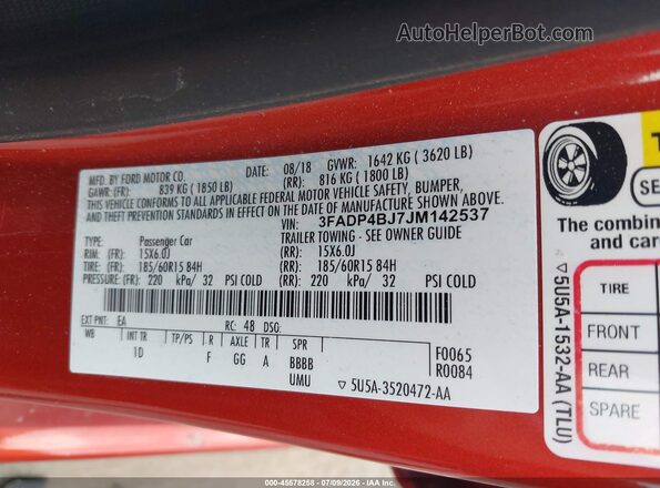 3FADP4BJ7JM142537 2018 FORD FIESTA Red Вид підкапотного простору