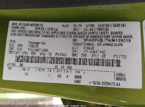 3FADP4BJ7KM129319 2019 FORD FIESTA Зеленый Вид подкапотного пространства