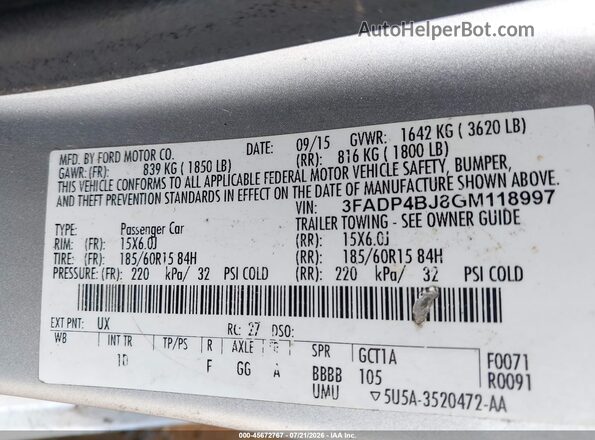 3FADP4BJ8GM118997 2016 FORD FIESTA Silver Engine compartment view