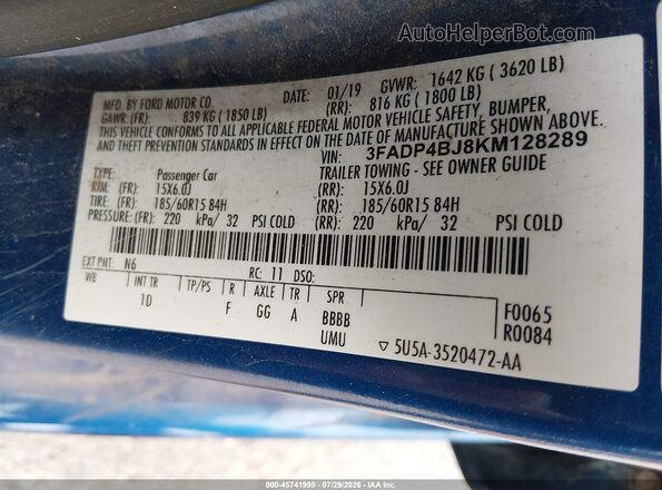 3FADP4BJ8KM128289 2019 FORD FIESTA Blue Engine compartment view