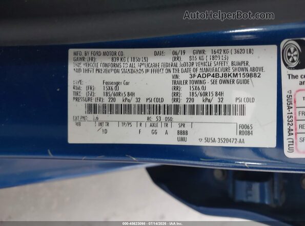 3FADP4BJ8KM159882 2019 FORD FIESTA Blue ძრავის განყოფილების ხედი