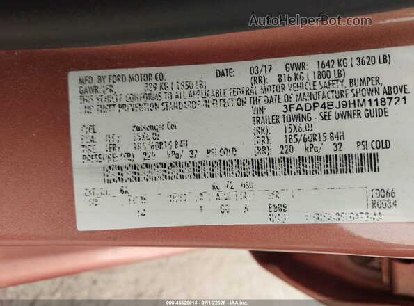 3FADP4BJ9HM118721 2017 FORD FIESTA Orange Engine compartment view