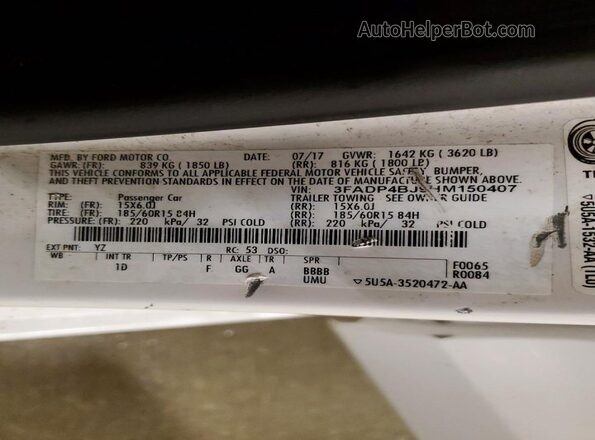 3FADP4BJ9HM150407 2017 FORD FIESTA White Widok komory silnika