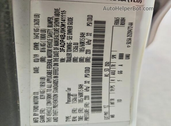 3FADP4BJ9KM141116 2019 FORD FIESTA White VIN კოდის სტიკერის ხედი