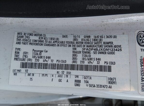3FADP4BJXGM123425 2016 FORD FIESTA White Շարժիչի բաժամունքի տեսք