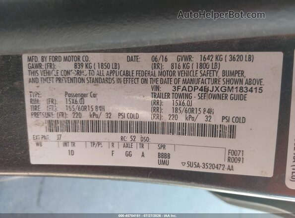 3FADP4BJXGM183415 2016 FORD FIESTA Серый Вид подкапотного пространства