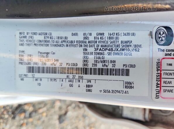 3FADP4BJXJM103862 2018 FORD FIESTA White Շարժիչի բաժամունքի տեսք