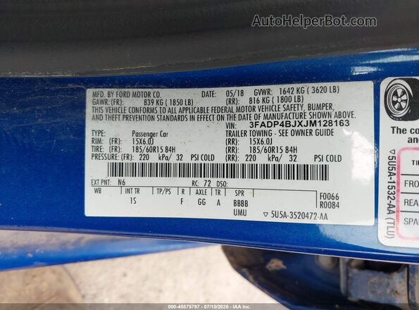 3FADP4BJXJM128163 2018 FORD FIESTA Blue Vista del compartimento del motor