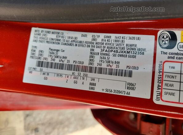3FADP4BJXKM132358 2019 FORD FIESTA Red Vista del compartimento del motor