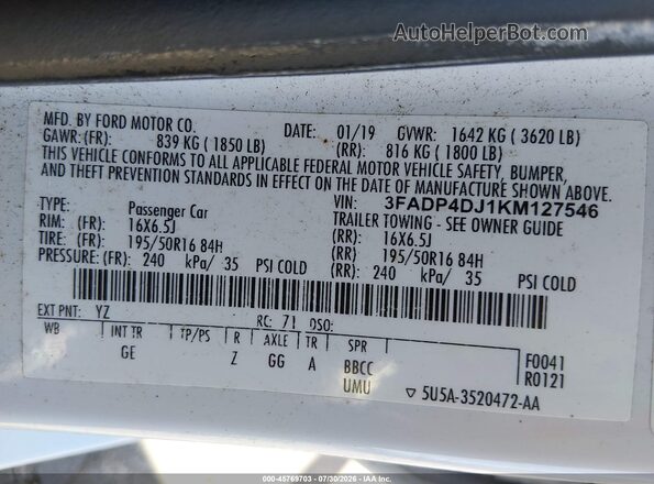 3FADP4DJ1KM127546 2019 FORD FIESTA White Вид підкапотного простору