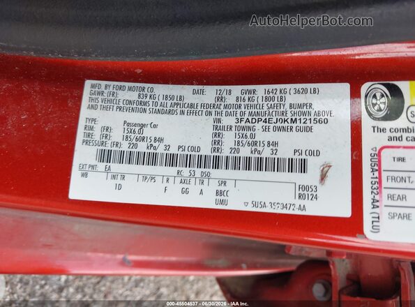 3FADP4EJ0KM121560 2019 FORD FIESTA Red Engine compartment view