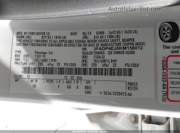 3FADP4EJ0KM158012 2019 FORD FIESTA White Widok komory silnika
