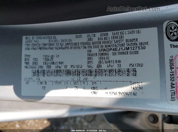 3FADP4EJ1JM127530 2018 FORD FIESTA Серебряный Вид подкапотного пространства