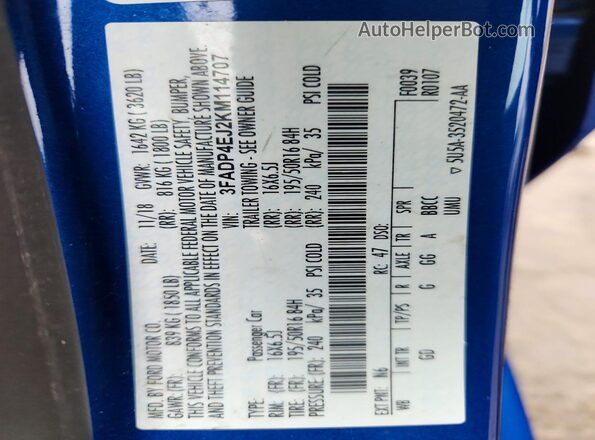 3FADP4EJ2KM114707 2019 FORD FIESTA Blue 360 interior view