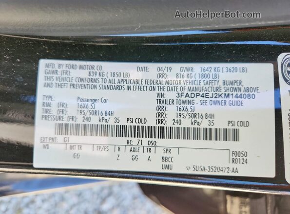 3FADP4EJ2KM144080 2019 FORD FIESTA Black Vista del compartimento del motor