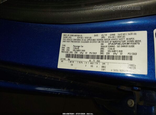 3FADP4EJ2KM153975 2019 FORD FIESTA Blue Vista del compartimento del motor