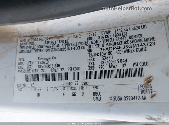 3FADP4EJ3GM143723 2016 FORD FIESTA White Вид підкапотного простору
