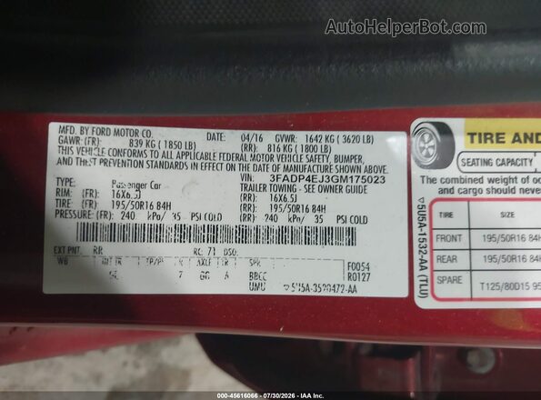 3FADP4EJ3GM175023 2016 FORD FIESTA Red Вид підкапотного простору