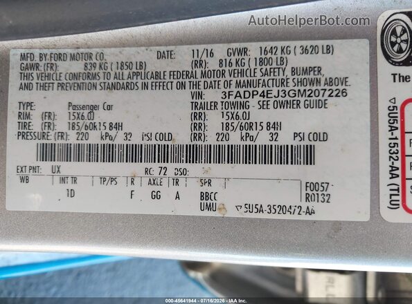 3FADP4EJ3GM207226 2016 FORD FIESTA Серебряный Вид подкапотного пространства