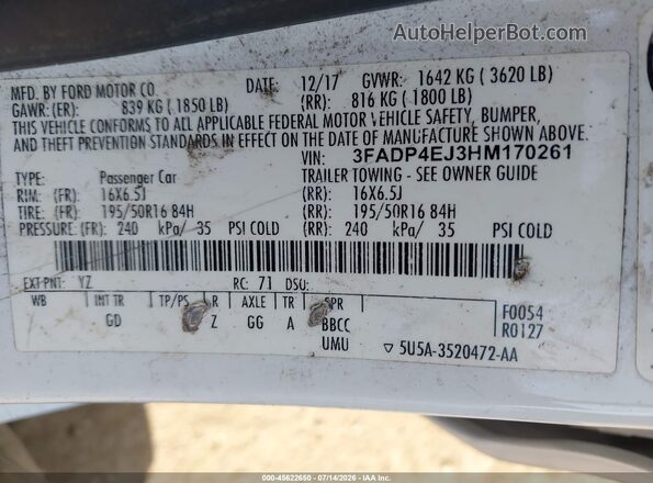 3FADP4EJ3HM170261 2017 FORD FIESTA White Vista del compartimento del motor