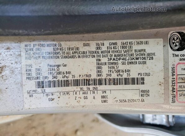 3FADP4EJ3KM106728 2019 FORD FIESTA Silver Widok komory silnika